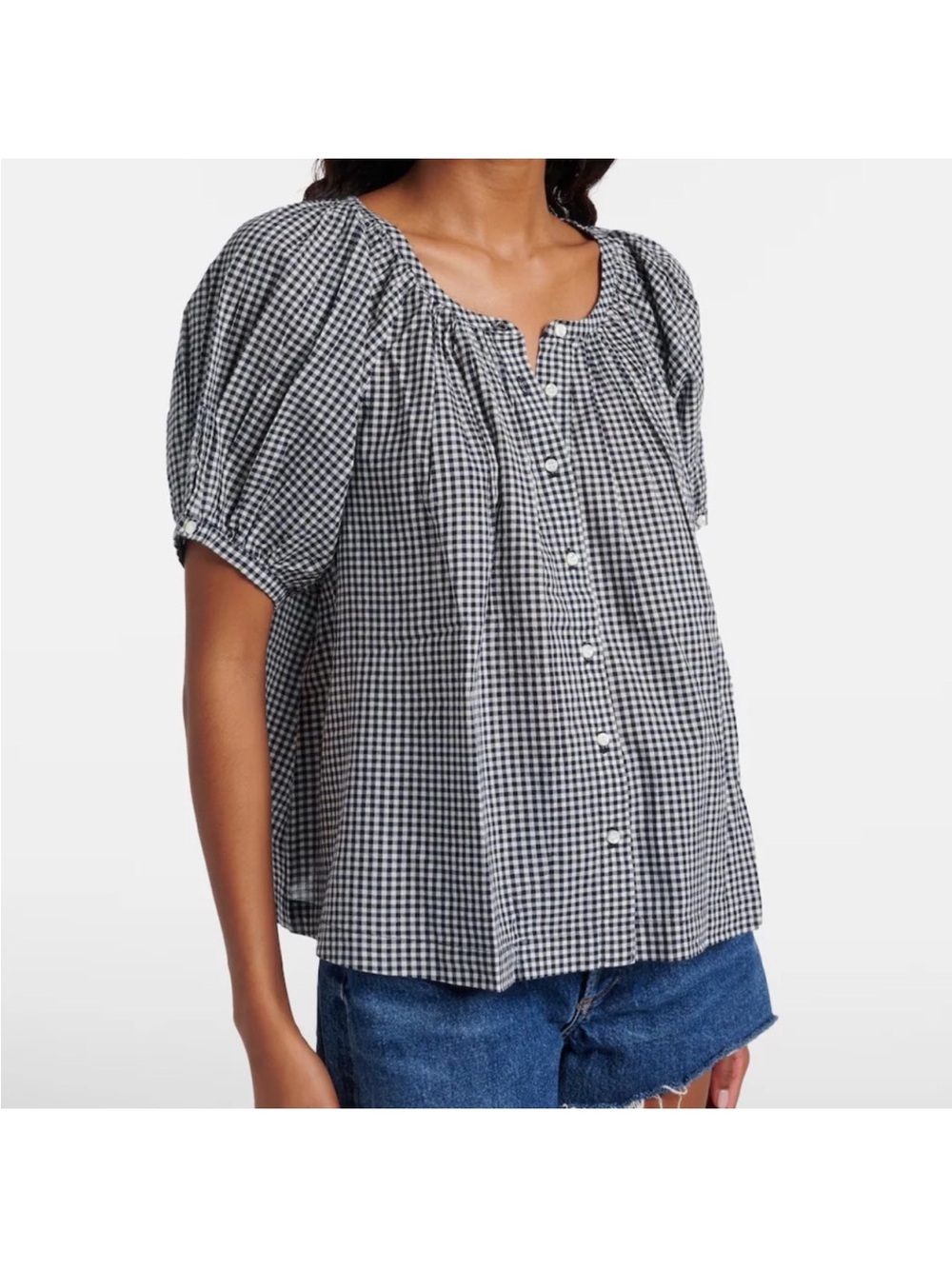 Black & White Gingham Button-Front Puff Sleeve Top